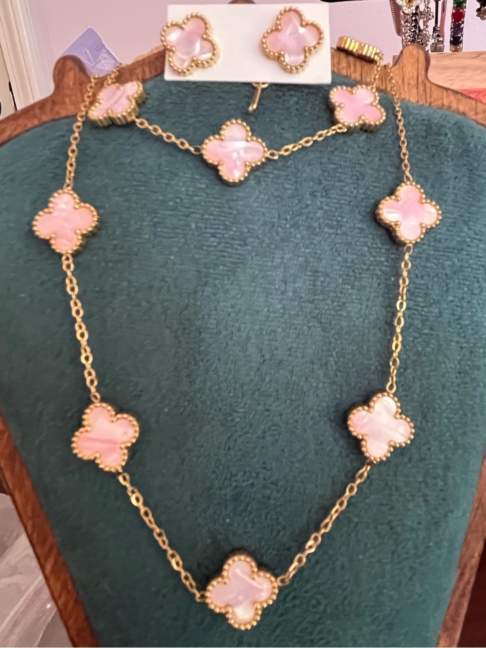 Gold-over SSteel Necklace, Bracelet Stud Earring Set w/Pink MoP Clovers  🍀 Adj